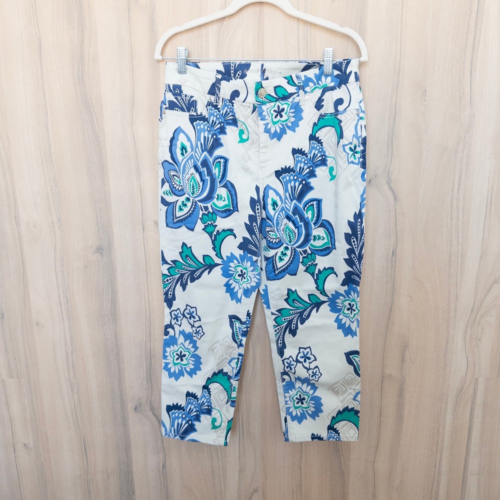 Chico's Womens So Lifting Crop Pants 1P White Blue Floral Paisley Coastal Summer